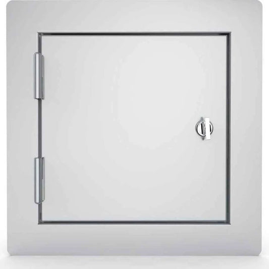 White square wall-mounted metal safe with silver hinges and keyhole lock sunstone utility access door 12x12 inches