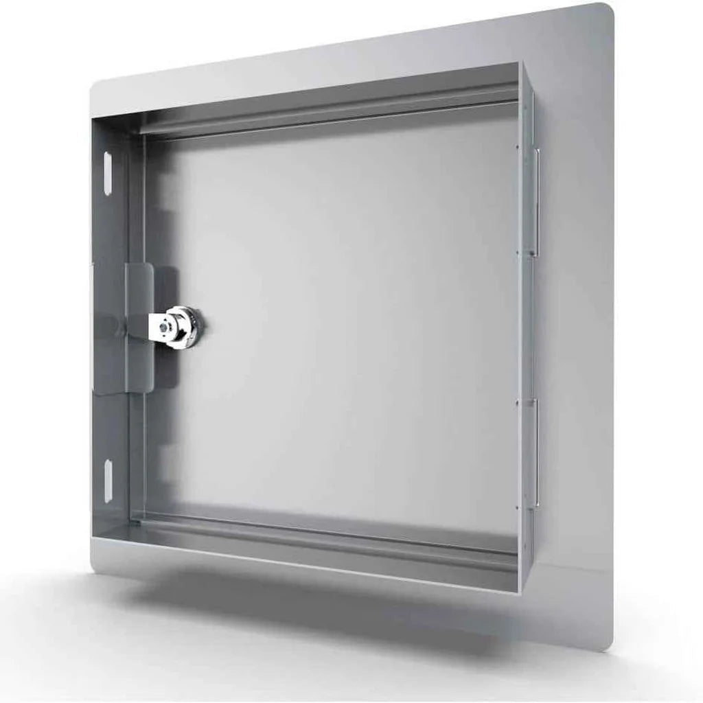 Gray metal fire-rated sunstone utility access door 12x12 with silver lock and recessed panel design