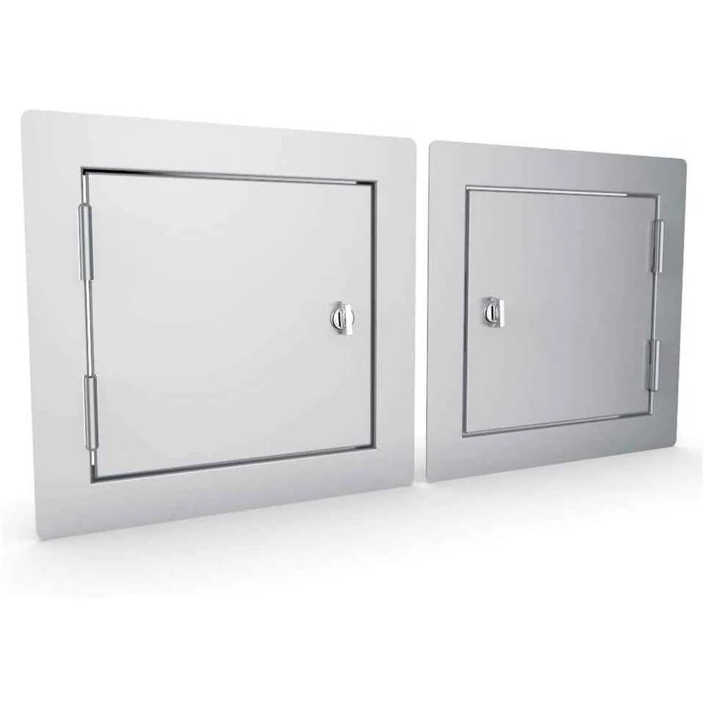 Two sleek stainless steel sunstone utility access door panels with brushed metal finishes and matching hinges 12x12
