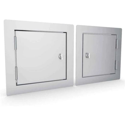 Two sleek stainless steel sunstone utility access door panels with brushed metal finishes and matching hinges 12x12