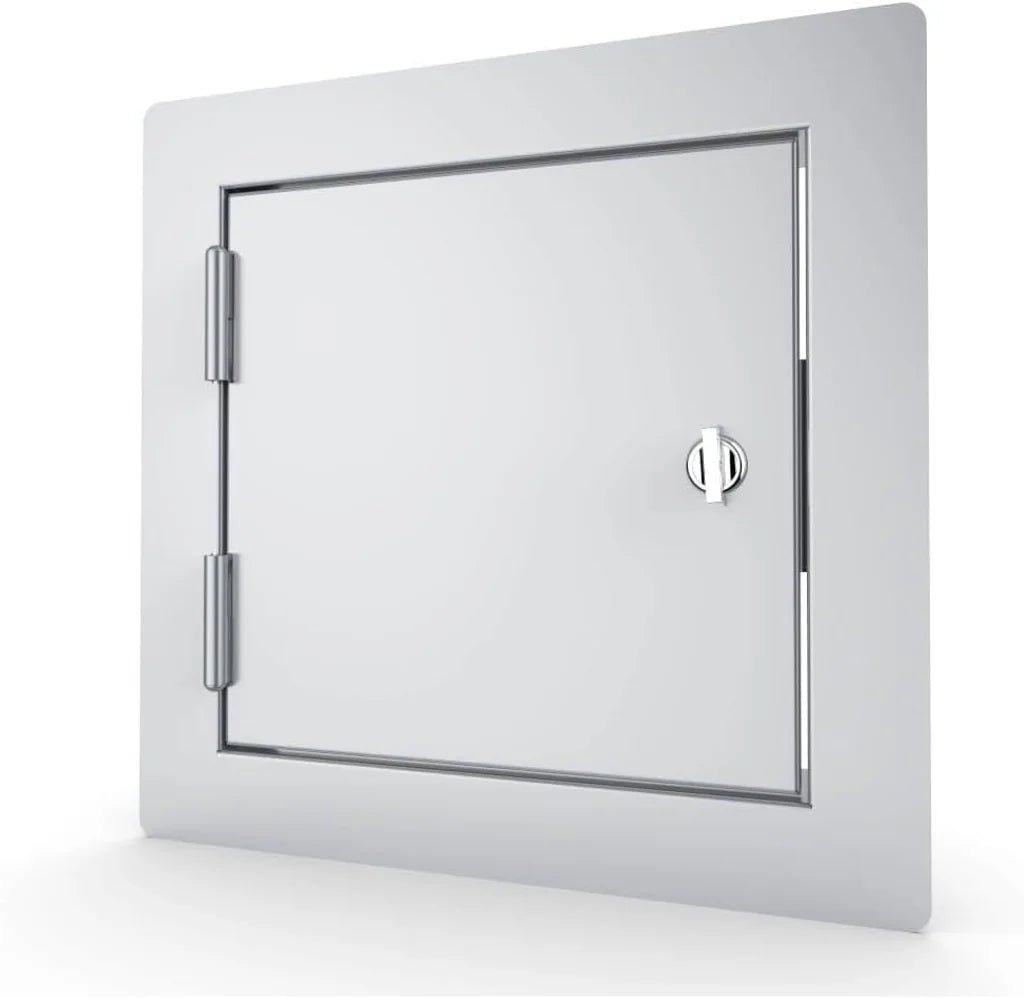 Silver-finished sunstone utility access door 12x12 with sleek rectangular design and polished chrome hardware wall-mounted safe