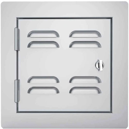 Silver stainless steel sunstone utility access vented door 12 by 12 with six slotted vents side hinge and keyed lock