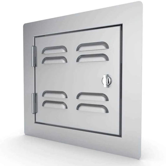 Stainless steel sunstone utility access vented door 12x12 with rectangular design four slotted vents and keyhole lock