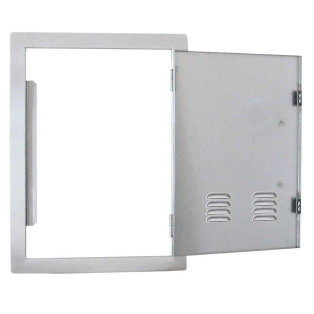 Silver metallic utility access panel Sunstone vertical door ventilated right opening with hinged door and ventilation slots