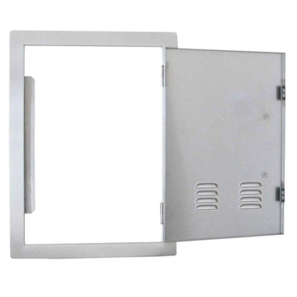 Silver metallic utility access panel Sunstone vertical door ventilated right opening with hinged door and ventilation slots