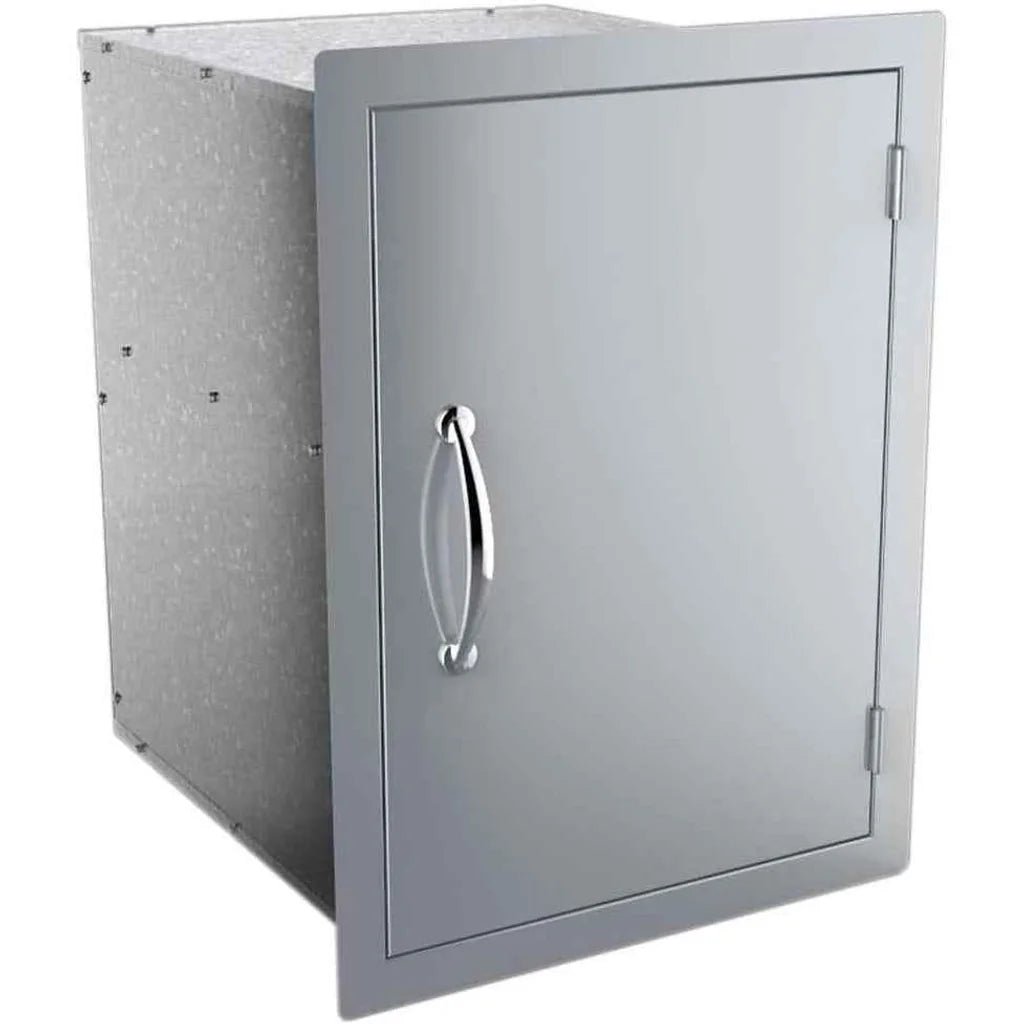 Silver stainless steel Sunstone vertical dry storage cabinet with shelf and polished handle in a sleek modern design