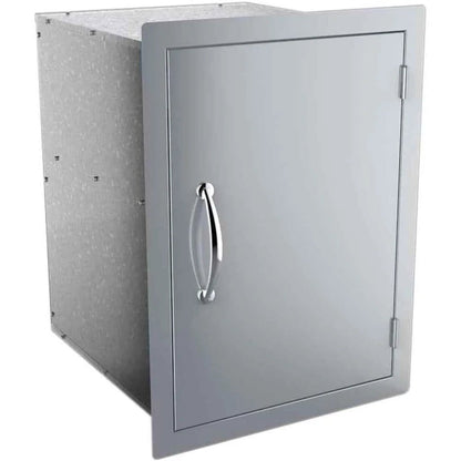Silver stainless steel Sunstone vertical dry storage cabinet with shelf and polished handle in a sleek modern design