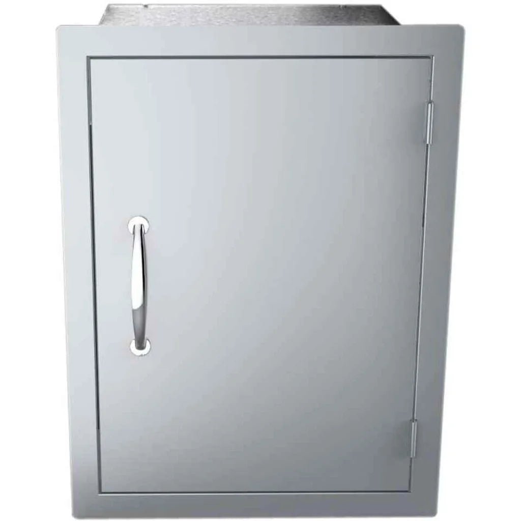 Silver stainless steel outdoor cabinet sunstone vertical dry storage with shelf and polished handle in sleek minimalist design