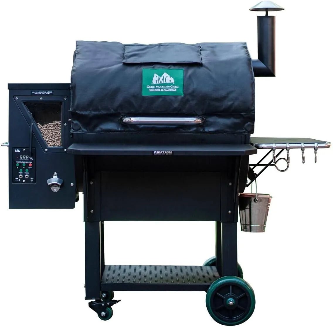 Black green mountain grills pellet smoker with black fabric thermal blanket cover green wheels and side control panel