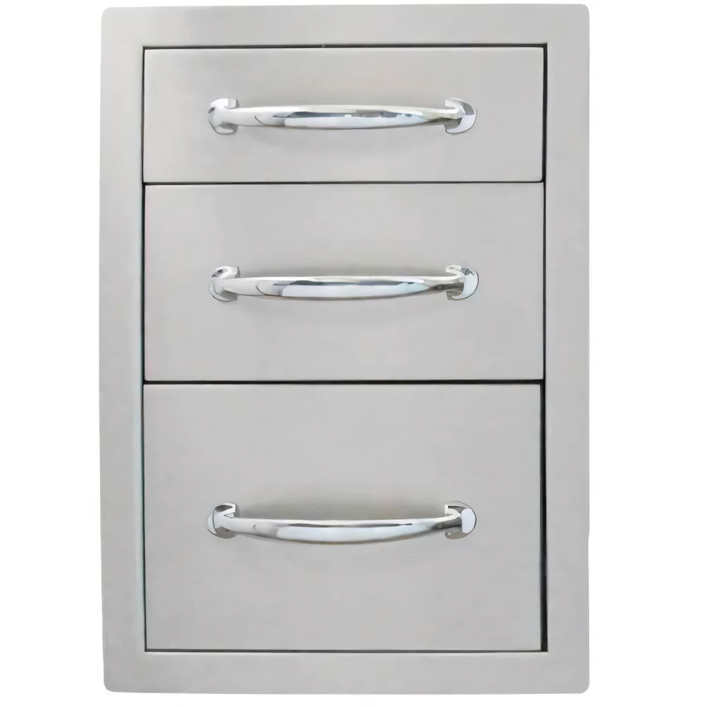 Silver stainless steel three-drawer kitchen organizer with sleek curved chrome handles Sunstone triple access drawer big B-TD24