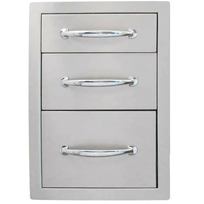 Silver stainless steel three-drawer kitchen organizer with sleek curved chrome handles Sunstone triple access drawer big B-TD24