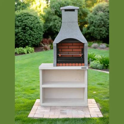 XclusiveDecor Firenze BBQ outdoor brick and stone barbecue with chimney red bricks and white countertop base