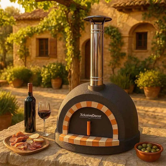 Black and orange tiled outdoor insulated icook 80cm pizza oven with stainless steel chimney by xclusivedecor