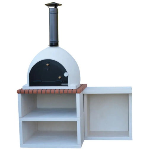 White xclusivedecor napoli outdoor kitchen with dome pizza oven black door chimney and brick barbecue grill gray hood