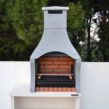 Gray stone xclusivedecor napoli outdoor kitchen barbecue with chimney and orange brick interior for grilling and pizza