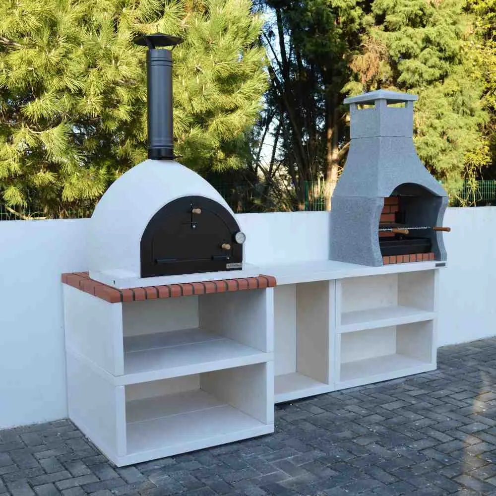 White outdoor pizza oven with black chimney and red brick countertop accents from XclusiveDecor Napoli outdoor kitchen NAP30101