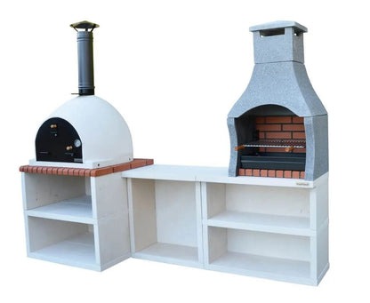 White xclusivedecor napoli outdoor kitchen set with dome-shaped pizza oven and brick-lined grill on white countertop