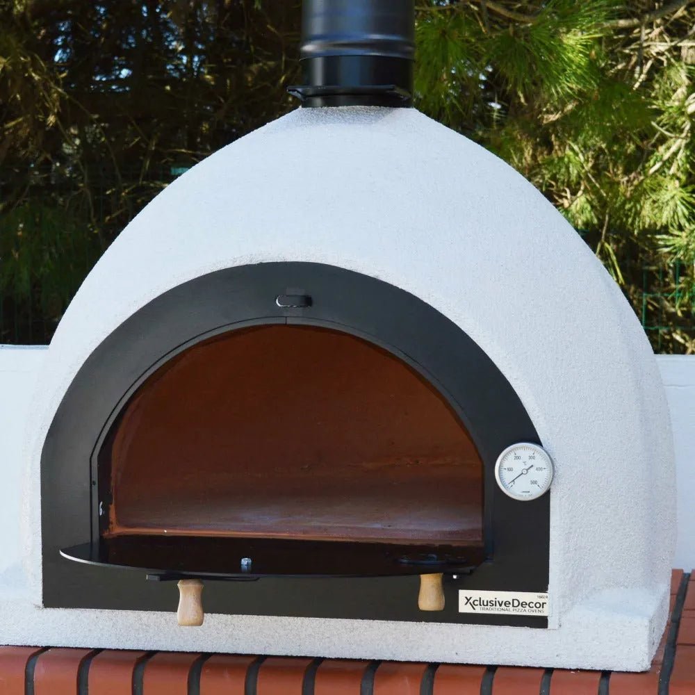 Xclusivedecor napoli outdoor kitchen white ceramic wood fired pizza oven with black metal door frame and temperature gauge
