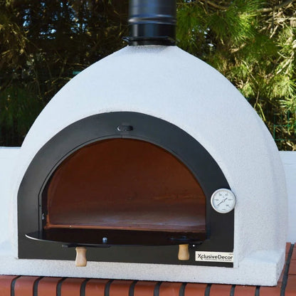 Xclusivedecor napoli outdoor kitchen white ceramic wood fired pizza oven with black metal door frame and temperature gauge