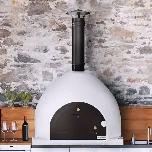 XclusiveDecor Royal MAX white ceramic wood fired pizza oven with black arched door and chimney