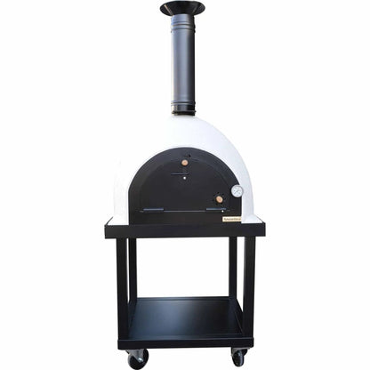 White ceramic xclusivedecor royal mobile wood fired pizza oven with black metal door chimney and wheeled stand