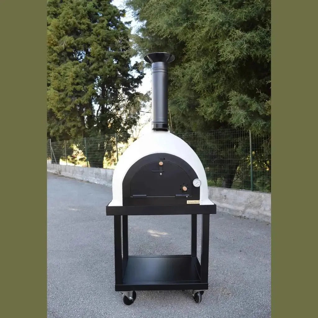 Black and white xclusivedecor royal mobile wood fired pizza oven with chimney on wheeled cart outdoors