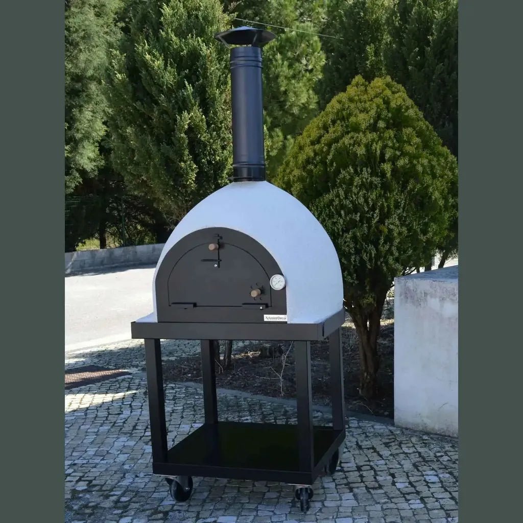 Xclusivedecor royal mobile wood fired pizza oven with white and black ceramic dome and metal door on wheeled cart
