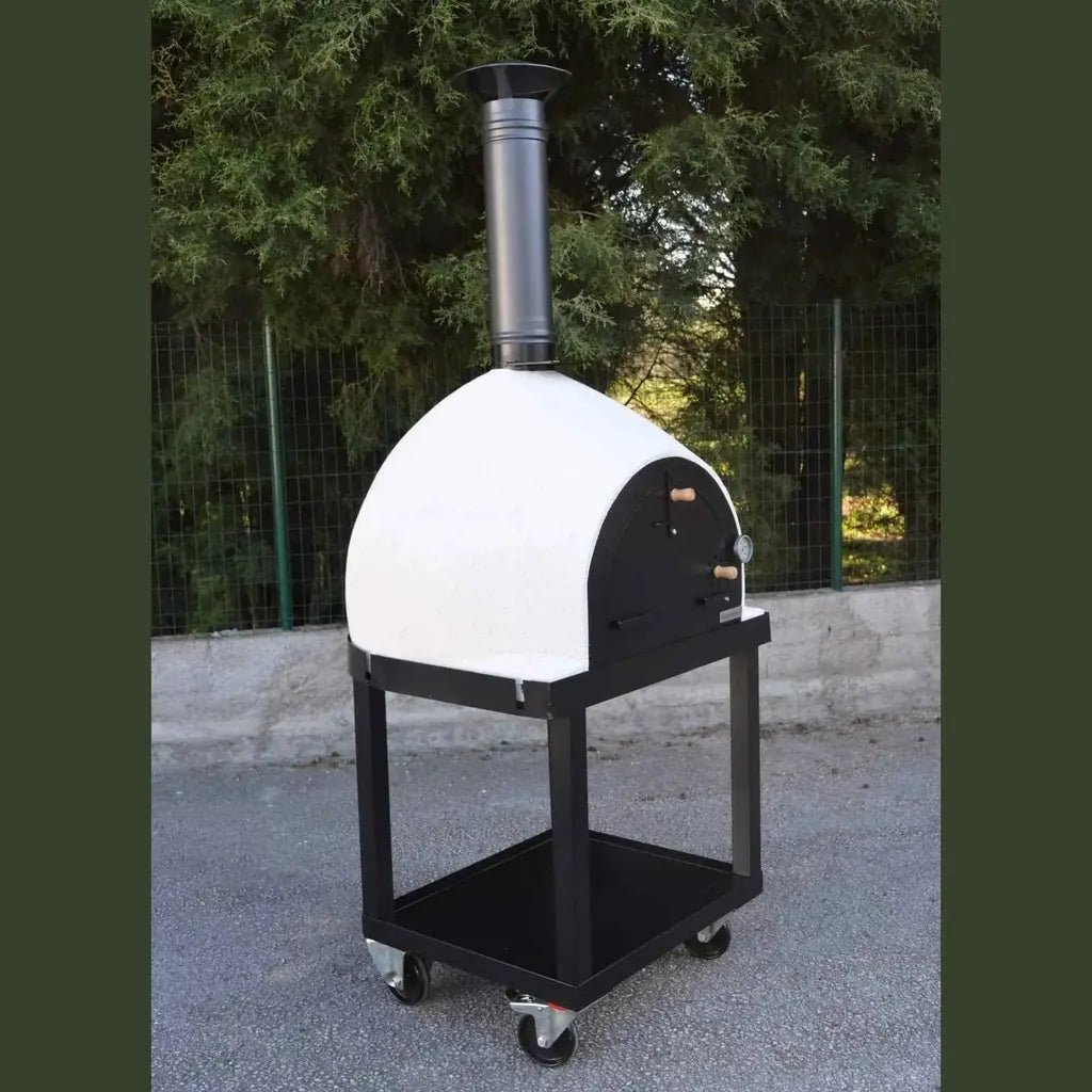 XclusiveDecor royal mobile wood fired pizza oven in white and black with dome design on a four-wheel cart for outdoor use