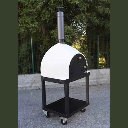 XclusiveDecor royal mobile wood fired pizza oven in white and black with dome design on a four-wheel cart for outdoor use