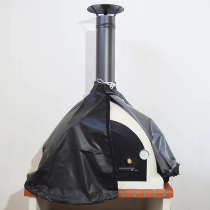 Black protective cover drapes over white and black brick pizza oven with tall chimney xclusivedecor royal coverpom80