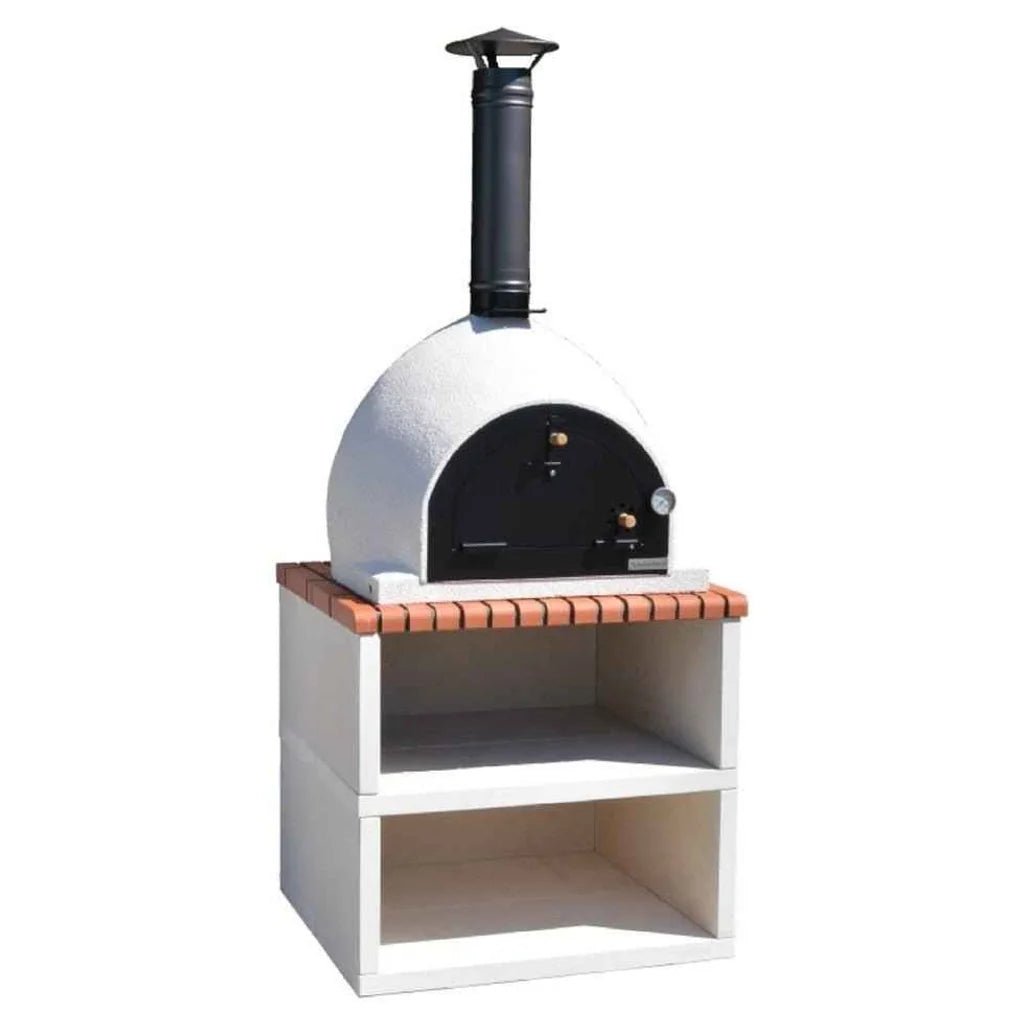 XclusiveDecor royal wood fired oven with stand featuring white outdoor oven, black chimney, and brick countertop complete set