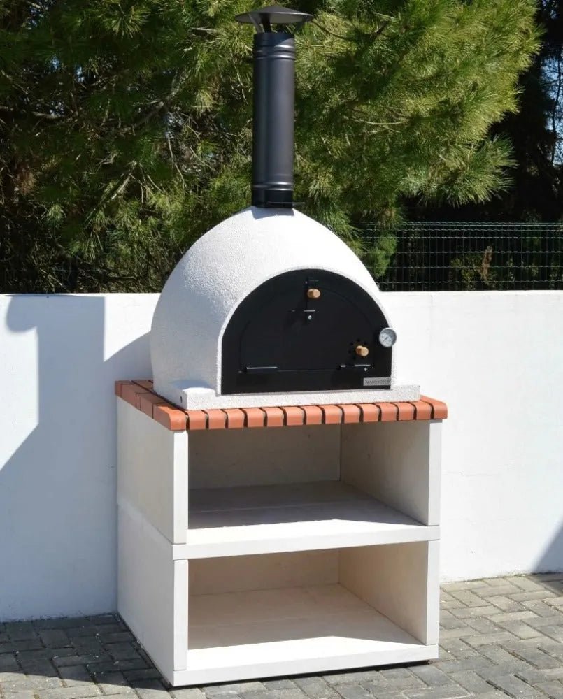 White outdoor wood fired pizza oven with black chimney and terracotta tile stand xclusivedecor royal po2580b05