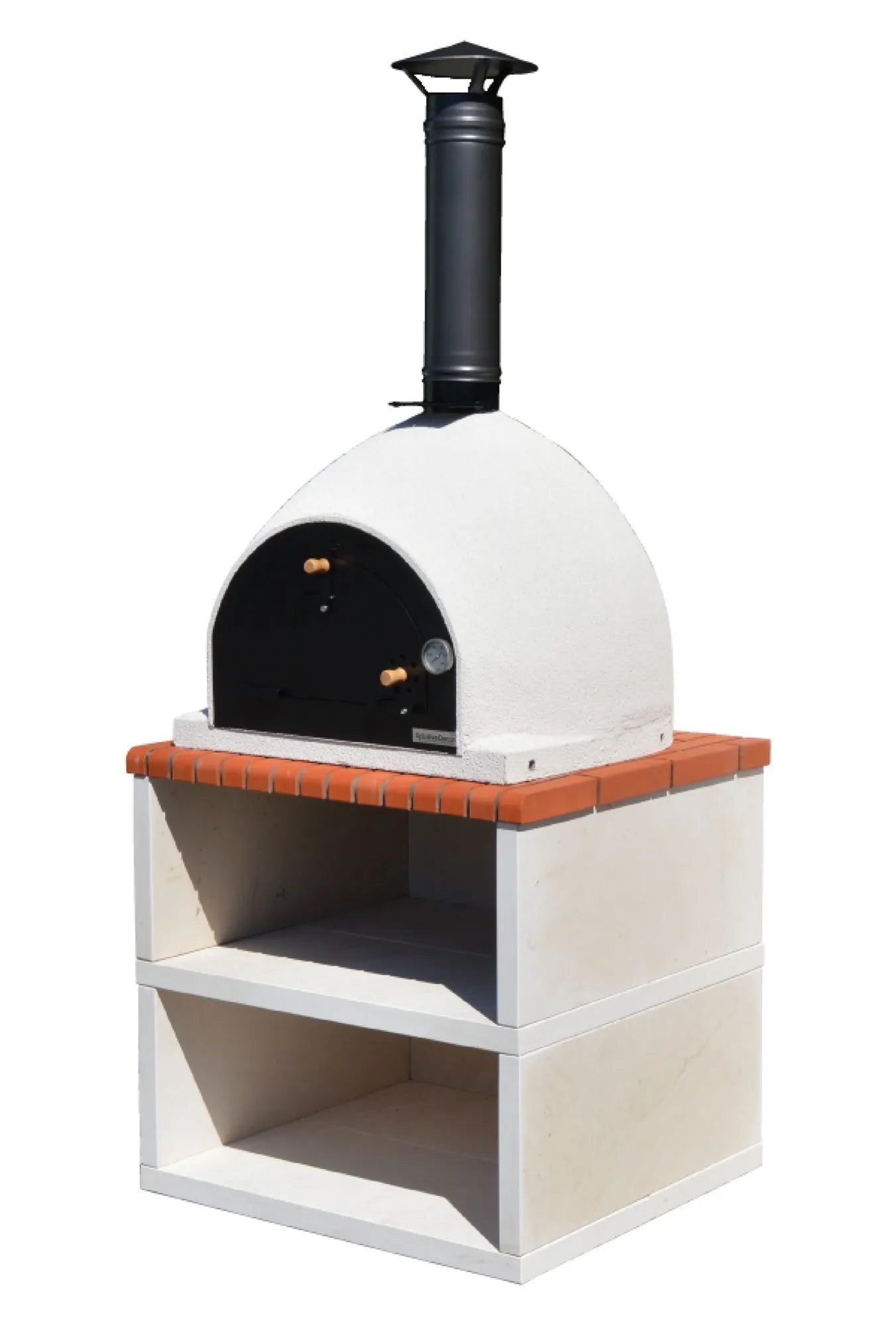 White outdoor wood fired pizza oven with black chimney and terracotta tiled countertop by xclusivedecor