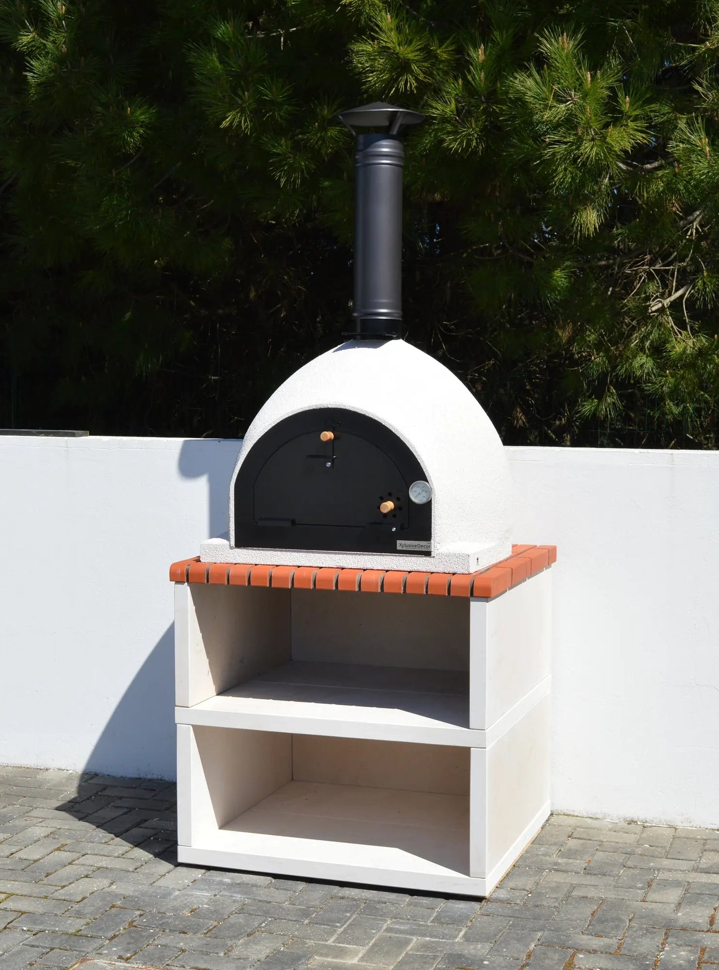 XclusiveDecor royal wood fired oven with stand white outdoor oven black arched door orange brick countertop tall chimney