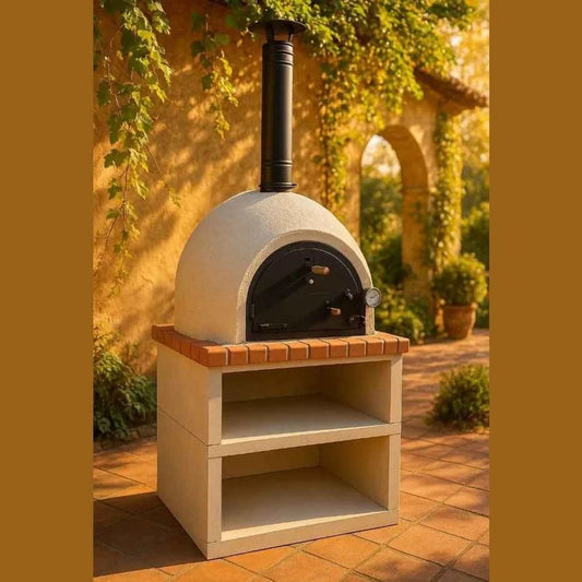 Cream-colored stone xclusivedecor royal wood fired oven with black chimney and brick countertop complete set