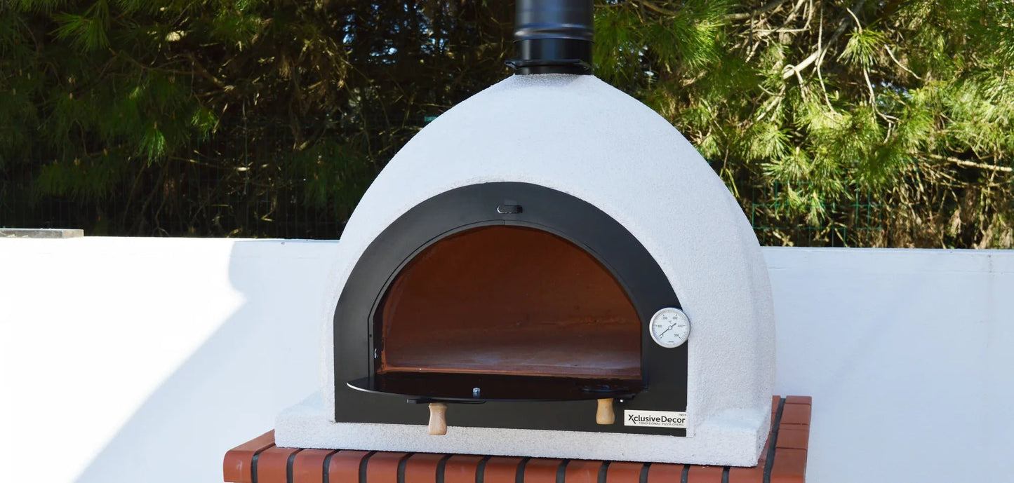 XclusiveDecor royal wood fired oven with stand white ceramic pizza oven black metal frame and round temperature gauge
