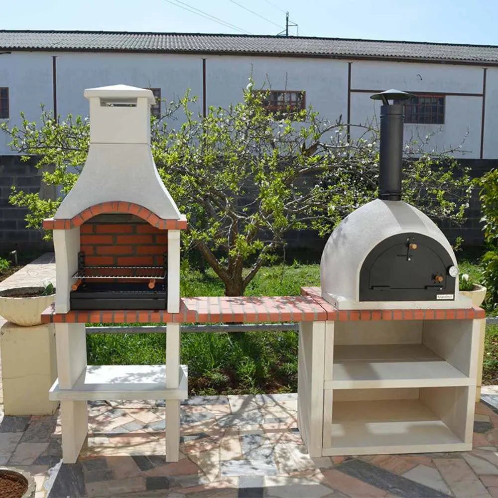 XclusiveDecor Springfield outdoor kitchen pizza oven with white ceramic body black chimney and arched door