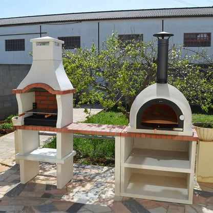 White outdoor pizza oven with black chimney and red brick accents by XclusiveDecor for outdoor kitchen cooking